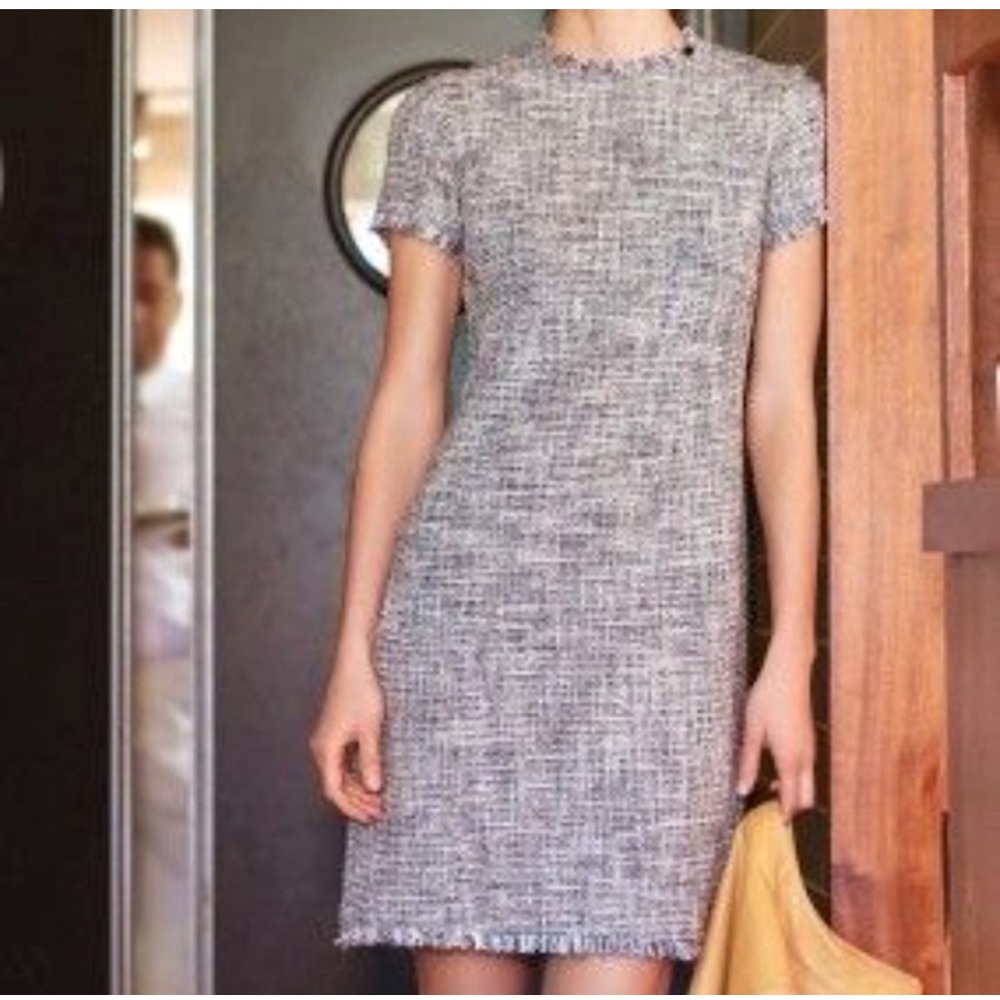 J.McLaughlin Clarence Sheath Dress Womens 8 Navy Tweed Fringe Short Sleeve Shift